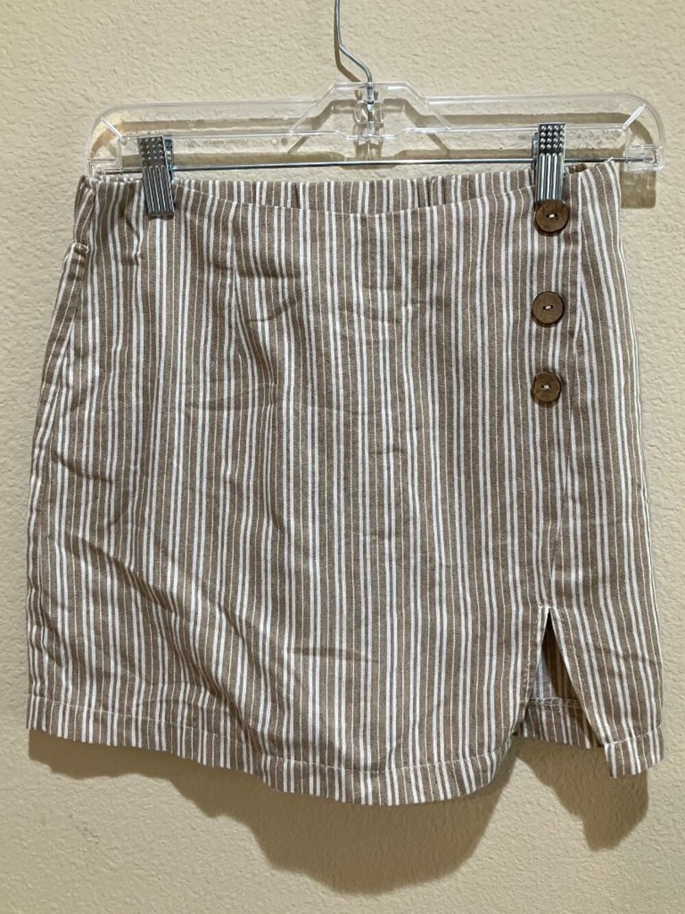 Simplee Skort Striped Linen Look M Beige White Mini Side Zip Coastal Cottagecore